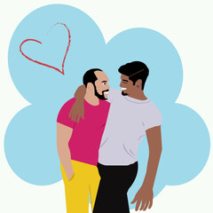 Vector flat illustration couple white and black gay men hugging and showing their love for each other