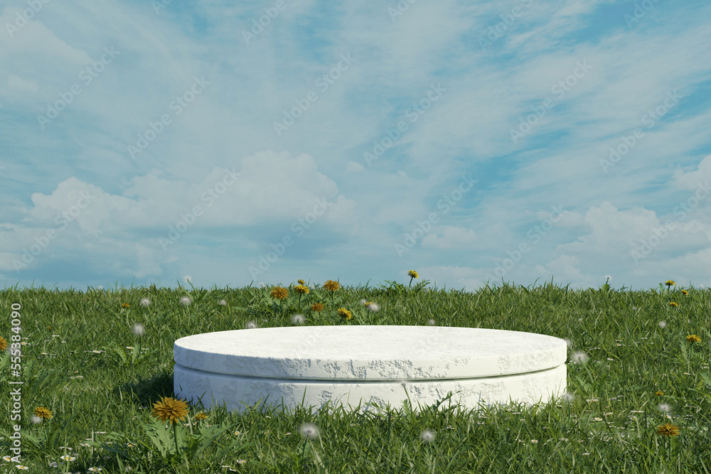 Poster concrete podium in tropical forest for product presentation and cloudy background.3d rendering