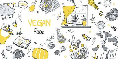 Vegan food concept for banner design with flat line doodle pattern. Hand drawing texture with vegetables, fruits, salad, oil, recipe book, vegetarian ingredients, diet. Illustration for web