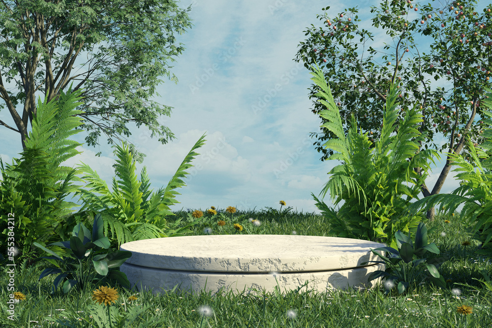 Poster concrete podium in tropical forest for product presentation and cloudy background.3d rendering