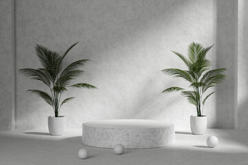 Black and white podium product display with palm plant on white pots. 3d illustration