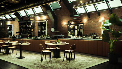 Obraz premium Restaurant located in a loft space. The high ceilings and industrial-style architecture give the space a modern, trendy vibe. The restaurant is filled with tables and chairs