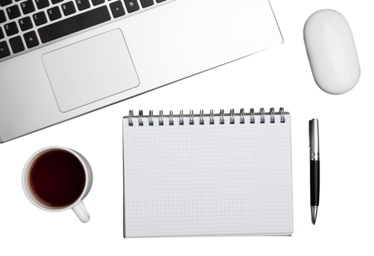 Office workplace with wooden table and office supplies tablet