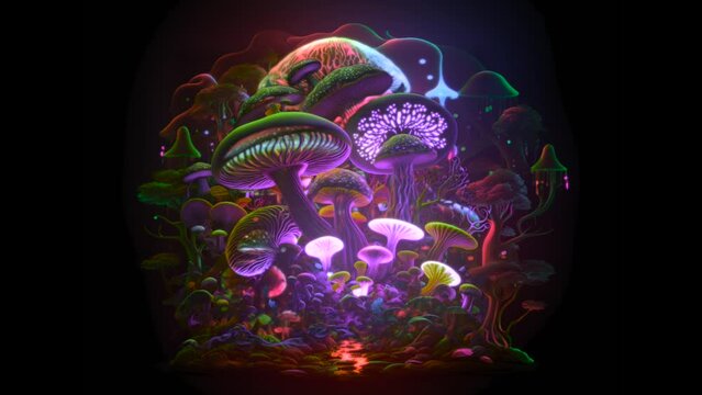 Magic Mushrooms in a wobbly trippy trance like state. Psychedelics trip concept in neon glowing colors