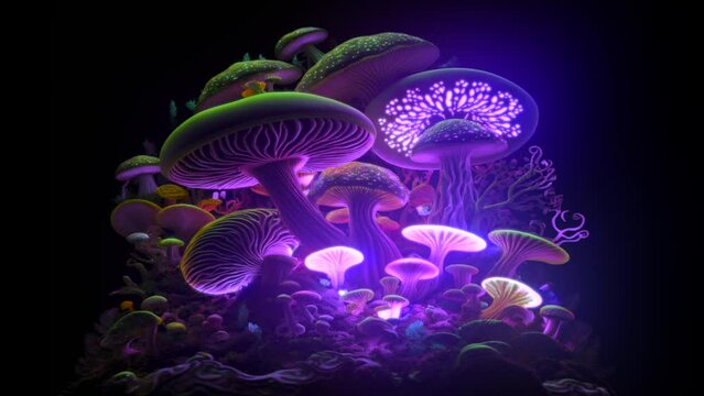 Taking a psychedelic trip whilst taking magic mushrooms. A neon mushroom forest in a drug infused experience