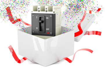 Circuit breaker inside gift box, present concept. 3D rendering