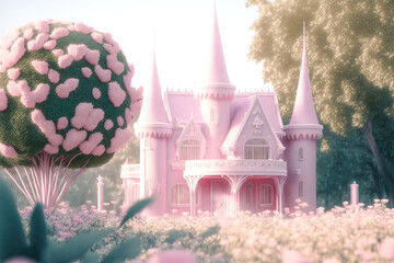 pink castle in spring,princess castle in the park,fairy tale castle