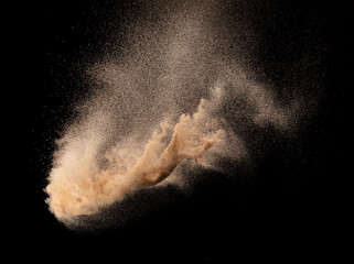 Small size fine Sand flying explosion, Golden grain wave explode. Abstract cloud fly. Yellow...
