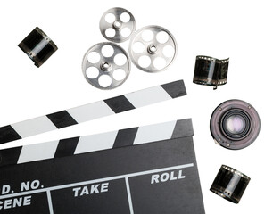 vintage classic clapperboard and lenses and videotape