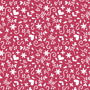 Seamless romantic pattern in doddle style on viva magenta pantone colour background. Valentine's day, wedding, mother's day.