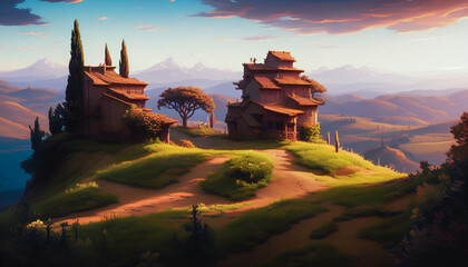 Beauty of a vineyard in Tuscany. Rolling hills covered in lush green grapevines stretch out as far as the eye can see, with the warm sunlight. Generative AI