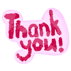 Hand drawn illustration of thank you words lettering phrase in red pink. Cute funny message sticker with gratitude calligraphy thanks, modern decorative style element.