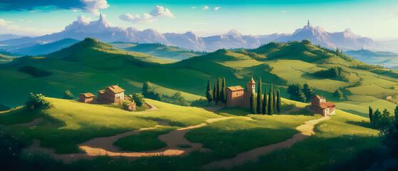 Beauty of a vineyard in Tuscany. Rolling hills covered in lush green grapevines stretch out as far as the eye can see, with the warm sunlight. Generative AI