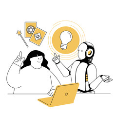 A vector illustration of a woman casting a spell and getting a hint from an AI.