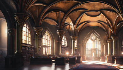 Obraz premium A Gothic library, featuring tall ceiling beams, is depicted in this painting. Keywords: Gothic, library, tall, ceiling, beams. Generative AI