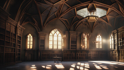 Obraz premium A Gothic library, featuring tall ceiling beams, is depicted in this painting. Keywords: Gothic, library, tall, ceiling, beams. Generative AI