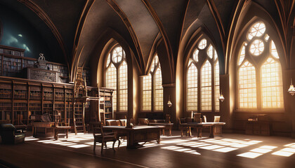 Obraz premium A Gothic library, featuring tall ceiling beams, is depicted in this painting. Keywords: Gothic, library, tall, ceiling, beams. Generative AI