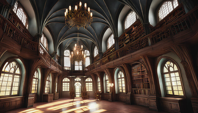 A Gothic library, featuring tall ceiling beams, is depicted in this painting. Keywords: Gothic, library, tall, ceiling, beams. Generative AI