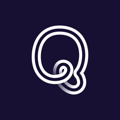 Q letter logo made of two white parallel lines on black background. Infinite loop icon.