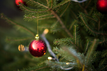 Red balls on decorated Christmas tree