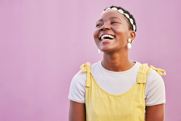 Face, laughing or fashion black woman on pink wall background with flower headband, accessory to stylish clothing. Smile, happy or comic student with trendy or cool clothes on city mock up backdrop