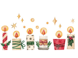 Set with Christmas candles. Watercolor illustration. Holiday. New Year. Winter. Season. Stars. Handmade work. Art. Design. Drawing. Snow.