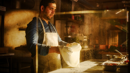 In Restaurant Professional Chef Preparing Pizza, Tenderly Working, Kneading Dough, Traditional...