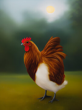 Painting of a chicken on the grass, Generative AI