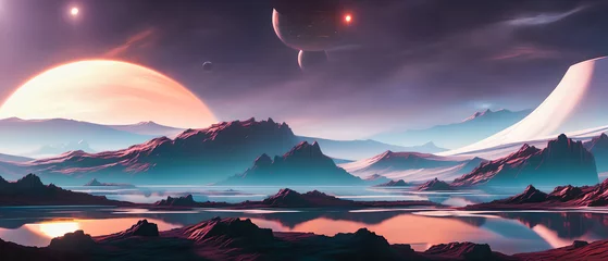 Gordijnen Een surrealistisch, futuristisch landschap met buitenaards, buitenaards terrein en een gevoel van mysterie en het onbekende. Generatieve AI © 4K_Heaven