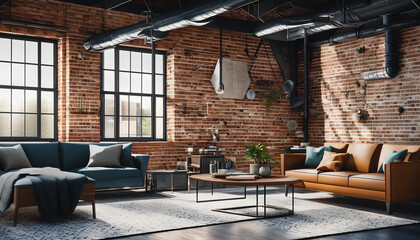 Fototapeta na wymiar A detailed depiction of a stylish loft living room, featuring modern decor and a spacious, open layout. Generative AI