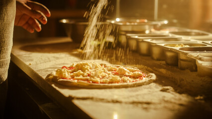 In Restaurant Professional Chef Preparing Pizza, Kneading Dough, Adding Ingredients, Cheese, Vegetables, Traditional Family Recipe. Authentic Pizzeria with Delicious Organic Food. Focus on Hands