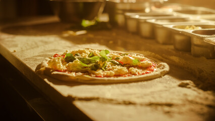 In Restaurant Professional Chef Preparing Pizza, Kneading Dough, flouring it, Traditional Family Recipe. Authentic Sunny Pizzeria, Cooking Delicious Organic Food. Cinematic Shot