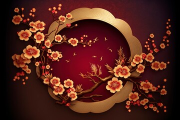 Chinese lunar new year traditional background design, red plum blossom and golden decoration the background - obrazy, fototapety, plakaty