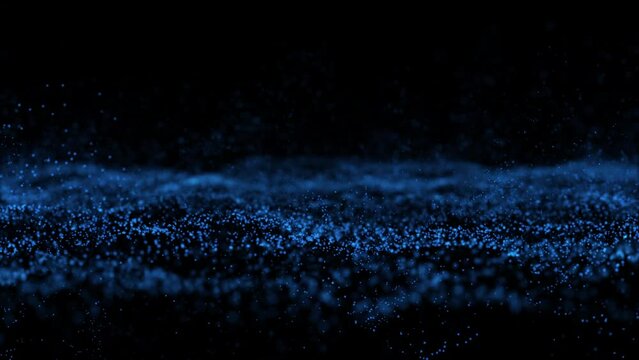 An abstract shaky oscillating surface of blue particles on a dark background. Chaotically flying small snowflakes above the surface of the snow.