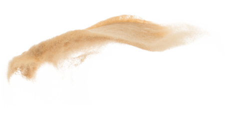 Small size fine Sand flying explosion, Golden grain wave explode. Abstract cloud fly. Yellow colored sand splash silica in Air. White background Isolated high speed shutter, throwing freeze shot