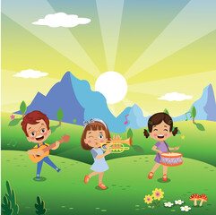 Obraz na płótnie Canvas happy children playing instruments and singing