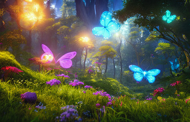 Obraz na płótnie Canvas Fantasy surreal landscape. Mushrooms and butterfly in background. Tender and dreamy design, Generative AI