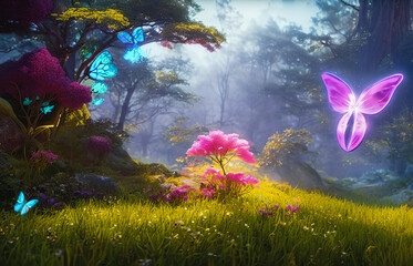 Plakat Fantasy surreal landscape. Mushrooms and butterfly in background. Tender and dreamy design, Generative AI