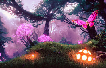 Fototapeta premium Fantasy surreal landscape. Mushrooms and butterfly in background. Tender and dreamy design, Generative AI