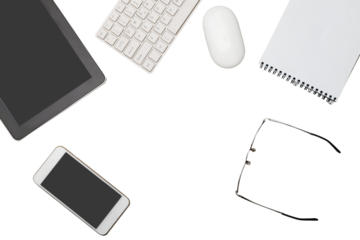 Office workplace with office supplies and digital tablet