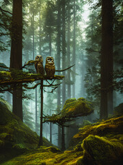 Cute owl hunter in the forest, Generative AI