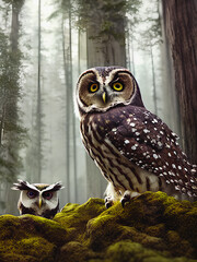 Cute owl hunter in the forest, Generative AI