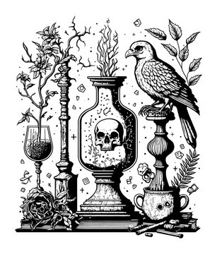 Alchemy Lab Witchy Magic Elements, Witchcraft Items, Tattoo Set, Crystals, Skulls, Potions, Bugs, Candles, Herbs, Raven, Generative AI