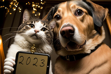 cat and Labrador dog sitting side by side in front of camera with decorated New Year's.looking into the camera with curiosity, as if they are about to take a selfie for the new year. 2023 text 