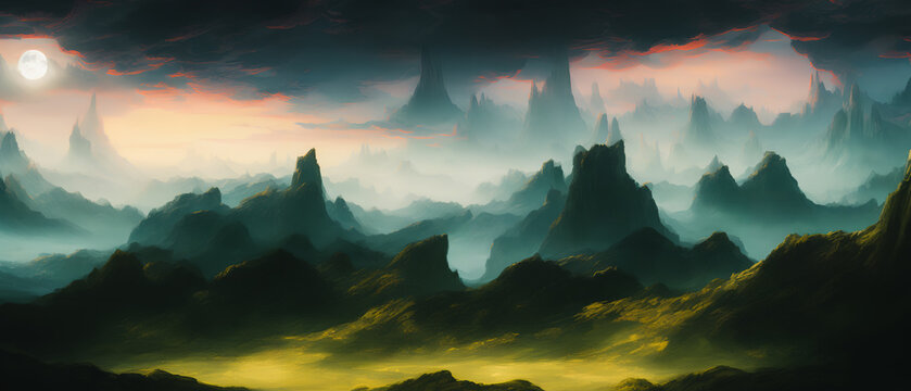 Panoramic view of the sci-fi landscape, Mountain landscape. Generative AI