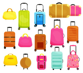 A set of different types of luggage and portable bags for travel. cartoon style. Vector stock illustration. Briefcase. Items. Shopping. White background. Isolated