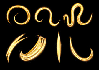 Glowing circle lines. Fire light circles and ring trails, vector sparkling gold glitter glow flare effect. Abstract light speed motion effect.