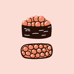sushi with caviar wrapped in nori sheets. hand drawn vector illustration in flat style