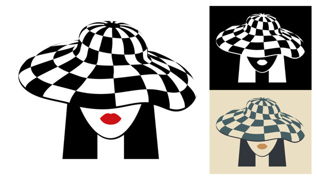 Young girl in wide checkered hat with long black hair. Sketch of female character with black lines. Minimalistic Vector isolated on white background