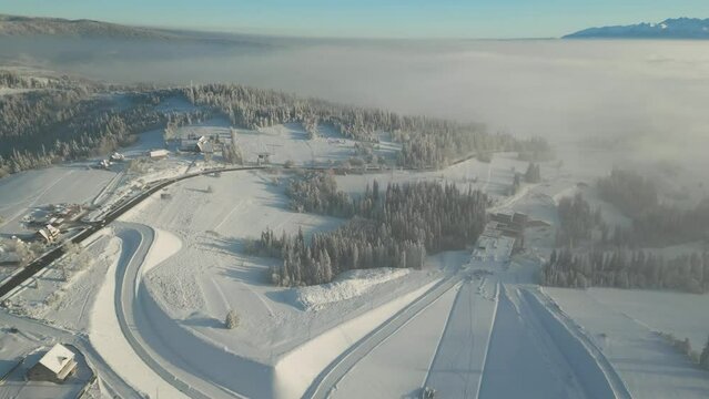 Aerial view of Zakopianka road leading to Tatra Mountains, Poland
